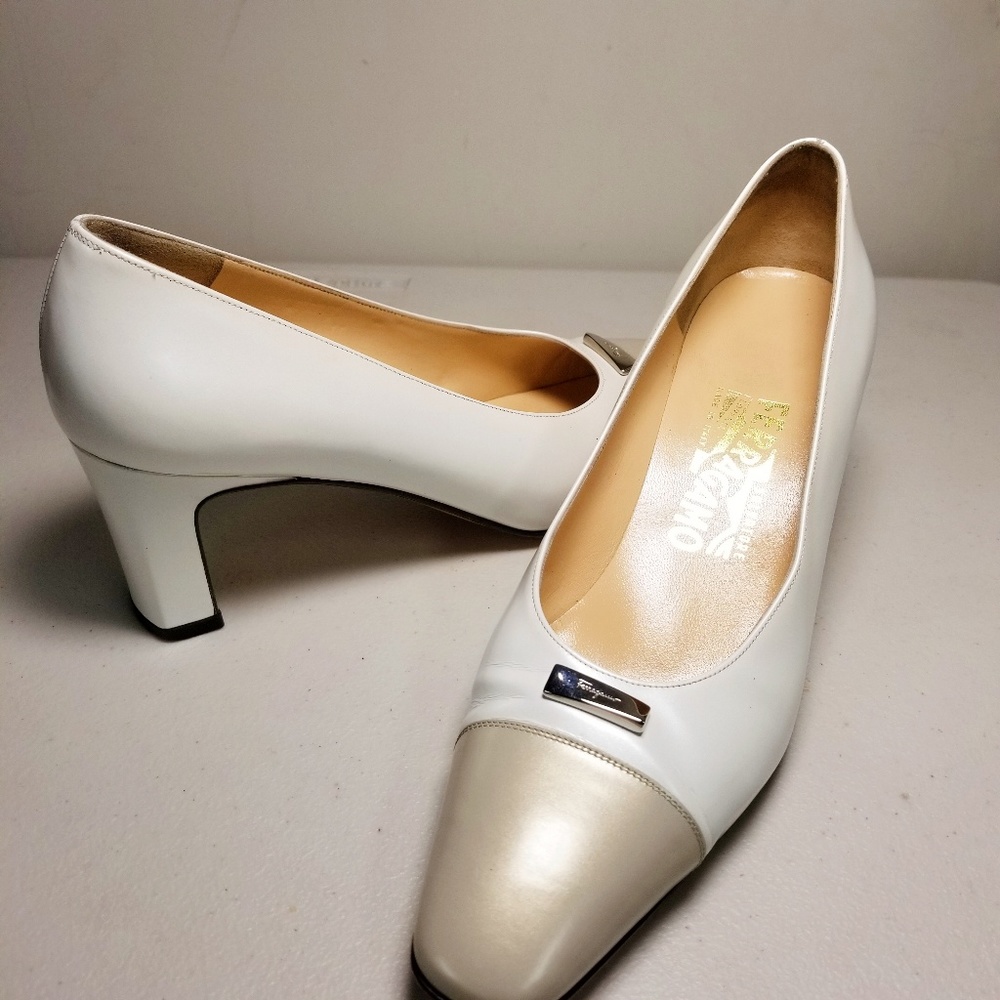 Salvatore Ferragamo White and Cream Leather Mid Heel Pumps